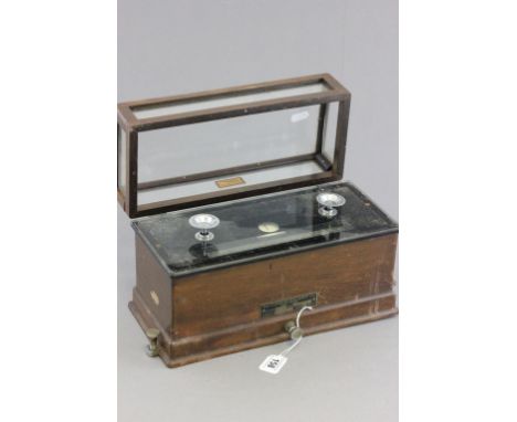 Vintage wooden & glass cased set of "Torsion Balance Co" chemist's scales 
