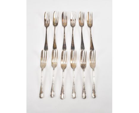 Two sets of six silver hallmarked cake forks. The lot to include one set marked GT, and another marked K&amp;L. Both hallmark