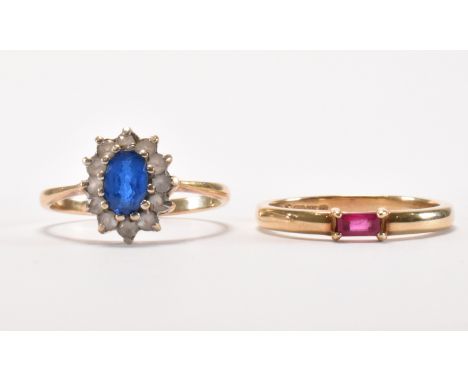 Two hallmarked 9ct gold rings. A hallmarked 9ct gold ring set with an oval cut blue stone with a halo of white stones surroun