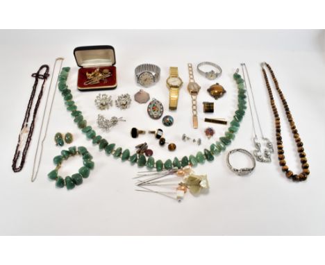 A collection of vintage costume jewellery to include an aventurine quartz belt and bracelet, a micro mosaic brooch, a tigers 