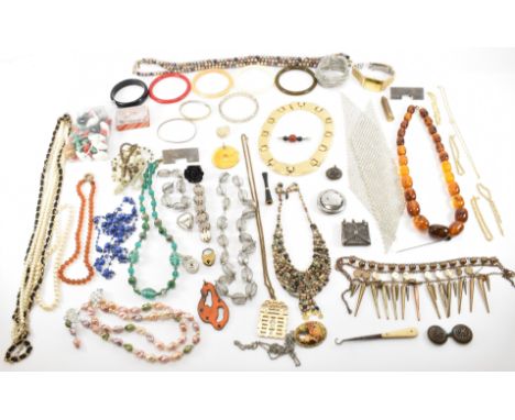 A collection of vintage costume jewellery to include simulated pearl necklaces, glass and plastic beaded necklaces, bangles, 