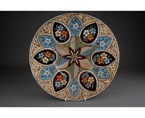 Large 19th Century Swiss Thoune Art Pottery Charger, 35cm across. 