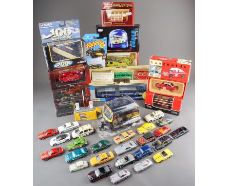 Assorted loose die cast model cars mainly Matchbox together with boxed fire engines, buses, a Vanguard's Hillman Imp, Shinsei