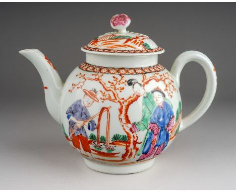A Worcester tea pot and cover, circa 1770, globular decorated Famille Verte with three Mandarin figures outside with tree, fe