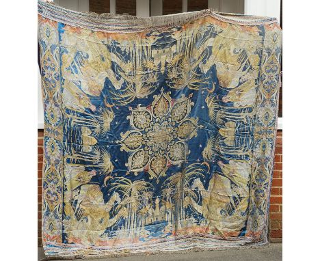 An early 20th Century large silk bed spread decorated with Middle Eastern scenes 