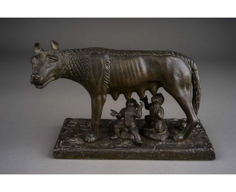 Antique Grand Tour bronze sculpture depicting Romulus and Remus suckling from their she wolf foster mother.  After the ancien