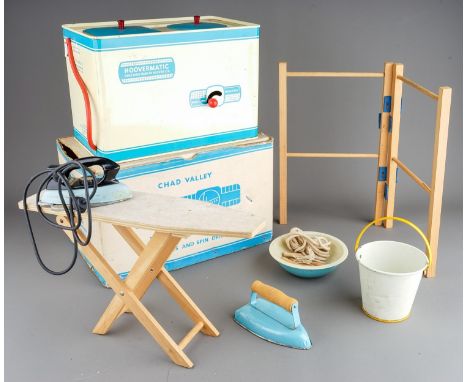 A vintage boxed Chad Valley Hoovermatic washing machine and a vintage Toy ironing board, irons, bucket, boxed but not origina