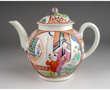 A Worcester tea pot and cover, Dr Wall First Period,  circa 1765, globular decorated in the Mandarin style with two children 