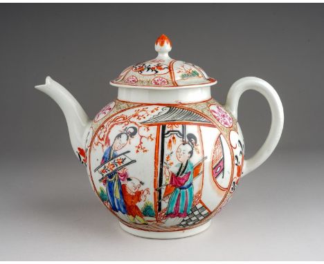 A Worcester teapot and cover, circa 1765-70, globular decorated in the Mandarin style, the centre panels decorated with three