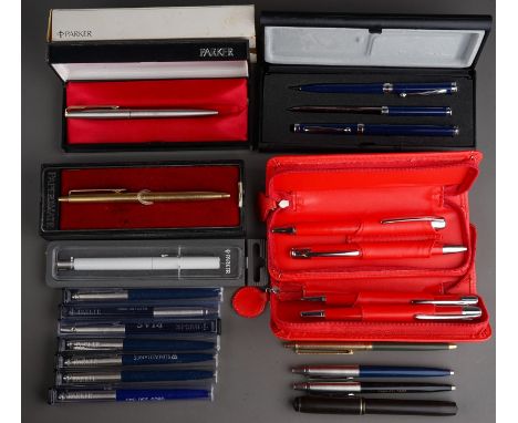 A collection of various pens to include: vintage Stephen's fountain pen, the nib stamped Stephen's Warranted 14ct with bottle