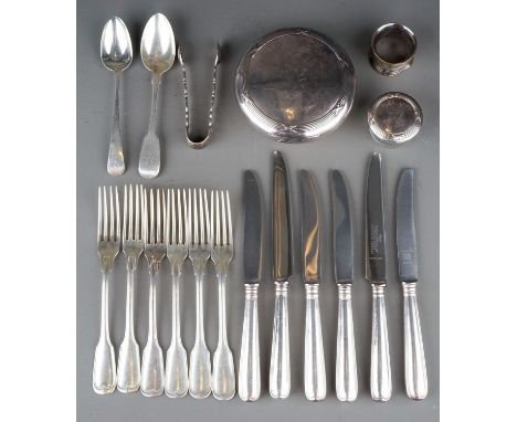 Assorted silver to include: six German 800 standard fiddle and thread pattern dessert forks and matching knives, stamped, app