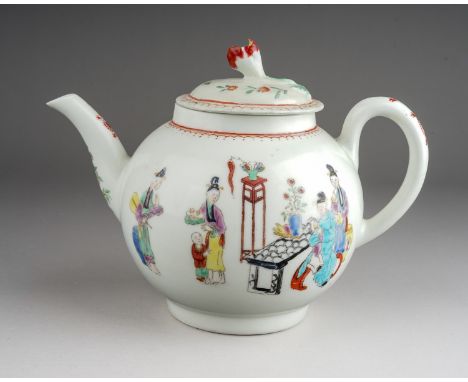 A Worcester teapot and cover, circa 1770, globular decorated with "Chinese Family" pattern, long table to centre, the cover w