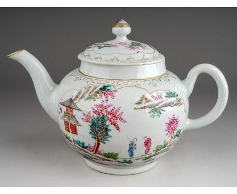 A Liverpool Richard Chaffers teapot and cove, circa 1760, globular decorated in the Chinoiserie "Stag Hunt" pattern, the uppe