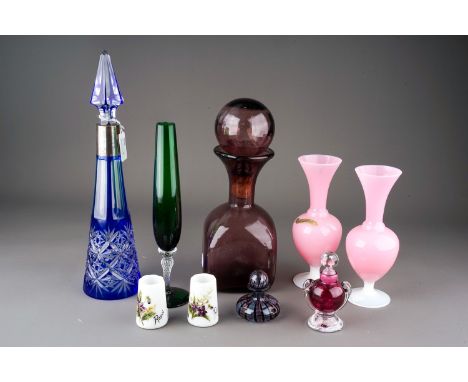 Nine pieces of late 19th /20th century coloured glassware, including a blue flash cut to clear conical decanter and stopper w