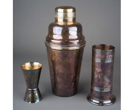 An EPNS cocktail shaker, stamped to underside together with a spirit measure and a plated Trench art style vase (3) 