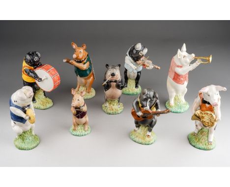 Nine Beswick Pig Promenade figures to include: John Conductor PP1; Matthew Trumpeter PP2; David Flutist PP3 (a/f flute broken