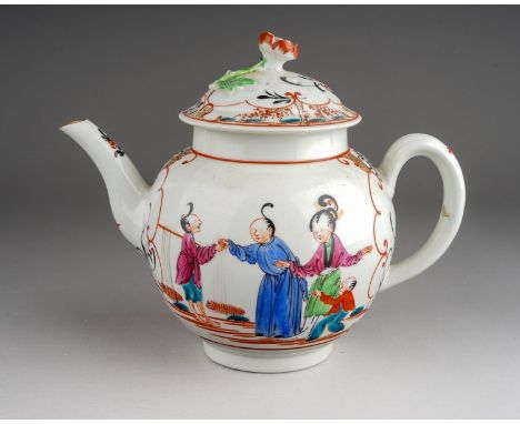 A Worcester teapot and cover, circa 1770-75, small globular decorated with "Boy in the Window" pattern, the cover painted wit