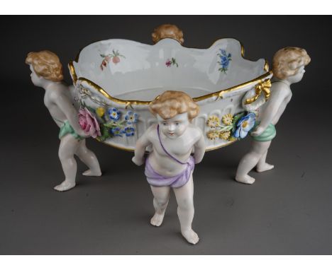 Vintage German porcelain centrepiece bowl in the Dresden style.  Marked for Von Schierholz.  Approximately 17cm tall, 32cm ac