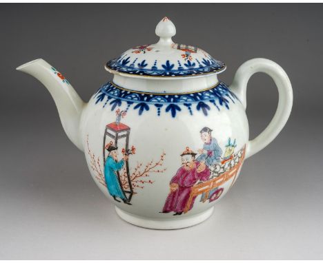 A Worcester tea pot and cover, circa 1765-70,  globular in the Mandarin style decorated with  three Chinese scholars, one sea