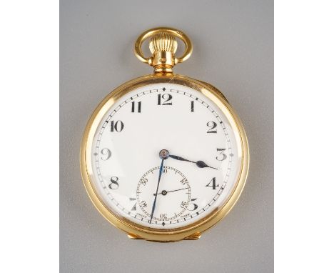 An 18ct yellow gold open faced pocket watch, 43mm white enamel dial with Arabic numerals and subsidiary seconds dial, case ap