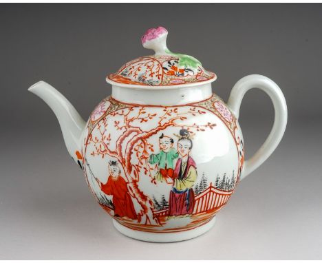 A Worcester teapot and cover, circa 1770-75, globular decorated in the Mandarin style, the oval panel with Chinese woman hold