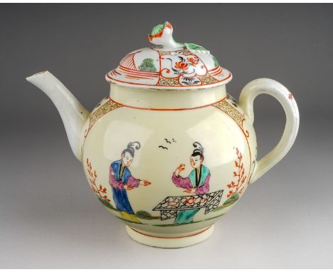 A Worcester teapot and cover, circa 1770, globular Famille Verte decorated with four Chinese figures, the cover with fence an