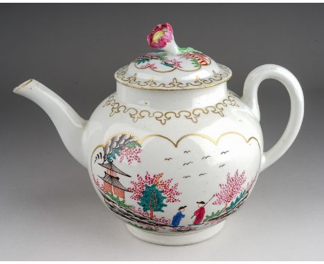 An 18th Century English porcelain probably Worcester, circa 1765-70 teapot and cover, globular decorated in the Mandarin styl