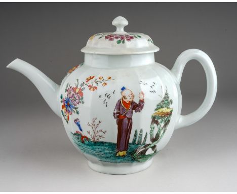 A Worcester tea pot and cover, circa 1760, fluted globular decorated with the "Beckoning Chinaman" pattern, the cover painted