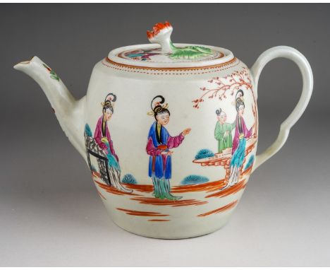 A Worcester tea pot and cover, circa 1780, barrel shaped decorated in the Mandarin style with four figures, one seated at a t