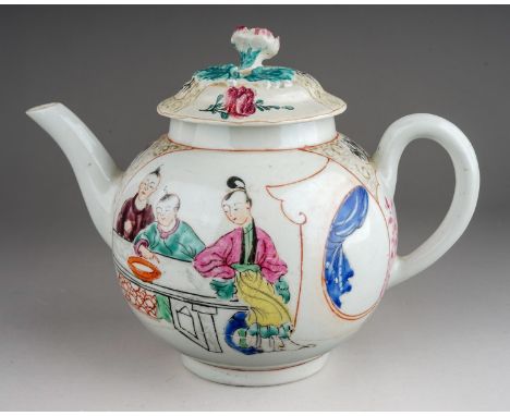 A Worcester teapot and cover, circa 1770-75, globular decorated in the Mandarin style with five Chinese figures, one side wit
