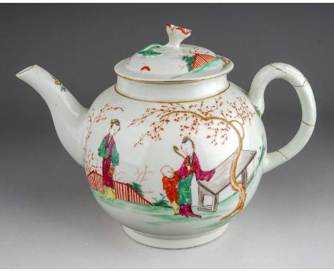 A Worcester teapot and cover, circa 1770, large globular Famille Rose decorated with three Chinese figures, one Woman stands 