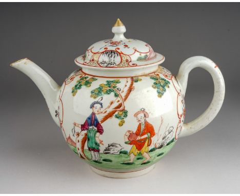A Worcester teapot and cover, circa 1760-65, globular painted in the Mandarin style with two men by a tree, one hold a fish, 