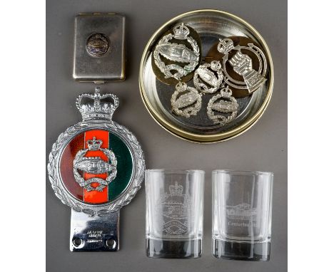 Militaria: a Royal Tank Regiment chrome and enamel car badge, enamelled Regimental colours, produced by J R Gaunt together a 