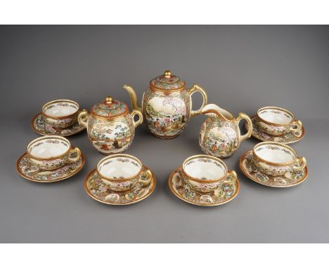 Fine set of Meiji era Japanese Satsuma pottery tea wares, to include teapot, jug, sucrier and cups and sauces.  In original w