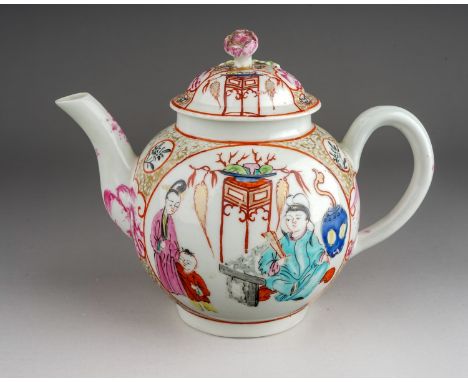 A Worcester teapot and cover, circa 1770-1775, small globular decorated in the Mandarin style, oval cartouches painted with s