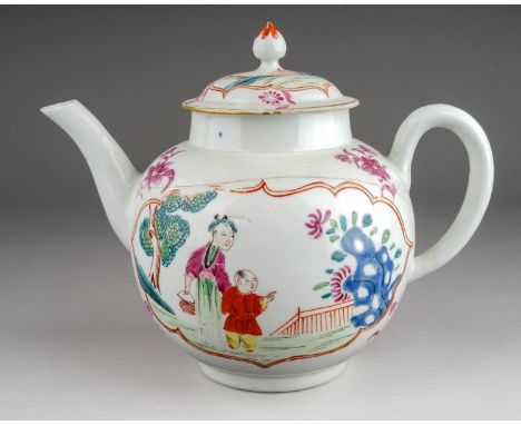 A Worcester teapot and cover, circa 1770, globular decorated in the workshop of James Giles, the centre panel decorated with 