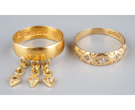 A 22ct yellow gold ring, suspending three diamond-set drops, size M, gross weight approx 4.4g; together with a Victorian 18ct
