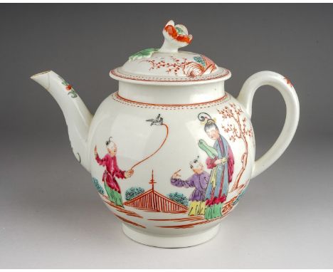 A Worcester teapot and cover, circa 1775-80, globular Famille Verte painted with Chinese Woman with two attendants outside, o