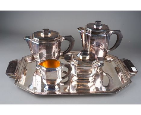 A French Art Deco silver plated coffee and tea set, by Argental, circa 1930, each part stamped with manufacturer's marks, Tra