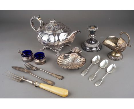 Collection of silver plated cutlery including French and English, tea pot, serving dishes, Art deco crumb tray and scoop etc.