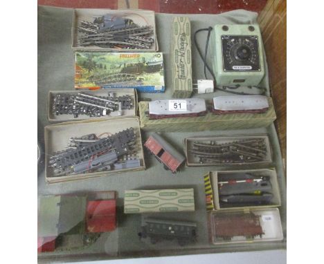 Collection of model railway track, carriages, locomotives etc