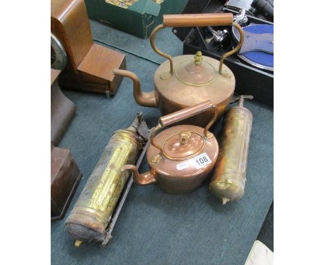 2 copper kettles & 2 vintage extinguishers