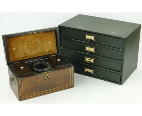 A Victorian rosewood tea caddy,
with inlaid brass stringing and fitted inner caddies, width 12" together with a small filing 