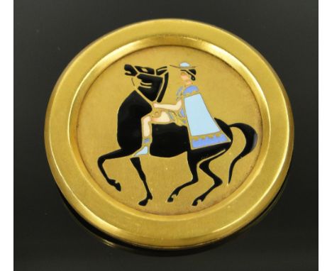 A Bouillot gilt metal and enamel brooch,
of circular form depicting a  Classical horse rider, signed verso, 50mm across.