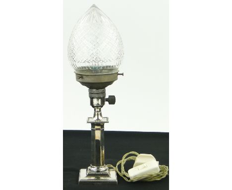 A Victorian silver plated table lamp,
with cut-glass shade, overall height 14.5".