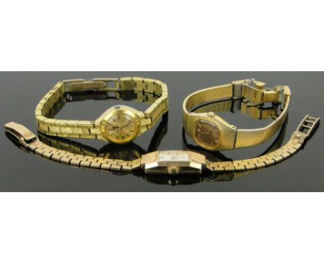 A lady's Rotary 9ct gold cased wristwatch,
with 9ct strap, gross weight 17.5g and 2 other lady's gold plated wristwatches, (3