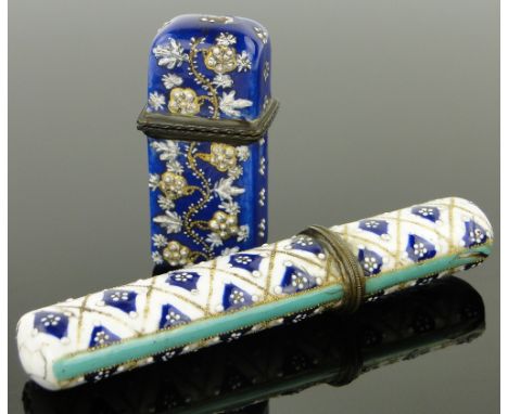 2 19th century enamel cases, 
comprising a small blue and gilt scent bottle case containing original miniature cut-glass scen