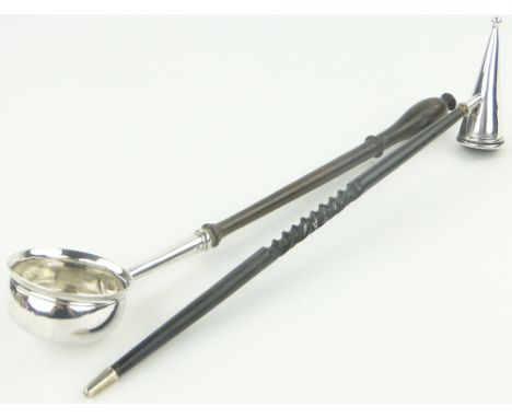 A silver candle snuffer,
with whalebone handle by Mappin & Webb circa 1970, and an 18th century silver toddy ladle with turne