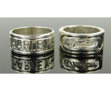 2 heavy silver Harley Davidson & Indian rings,
49g gross.