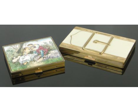 An Art Deco Coty enamel compact,
with buckle design, 3.75" and a Schilokraut compact, (2).